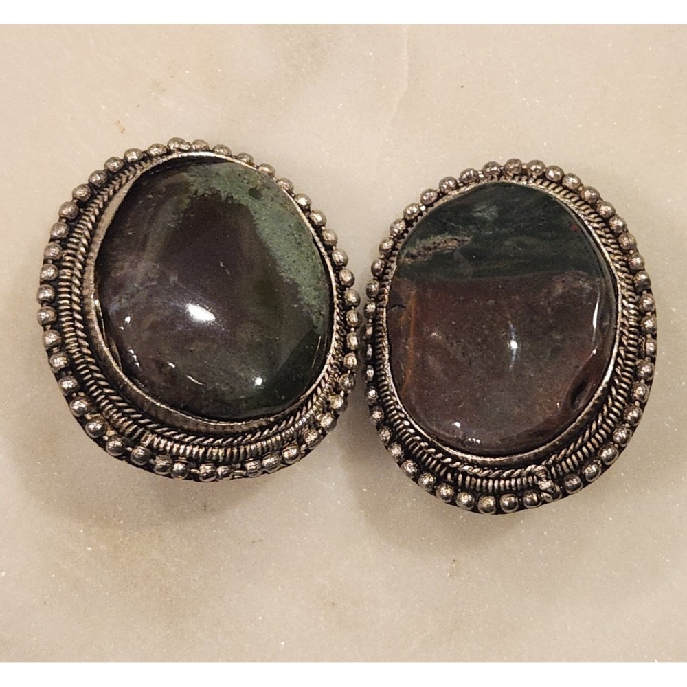 Vintage Clip On Earrings Green Brown Stone Silver Tone Boho Earthy Nature